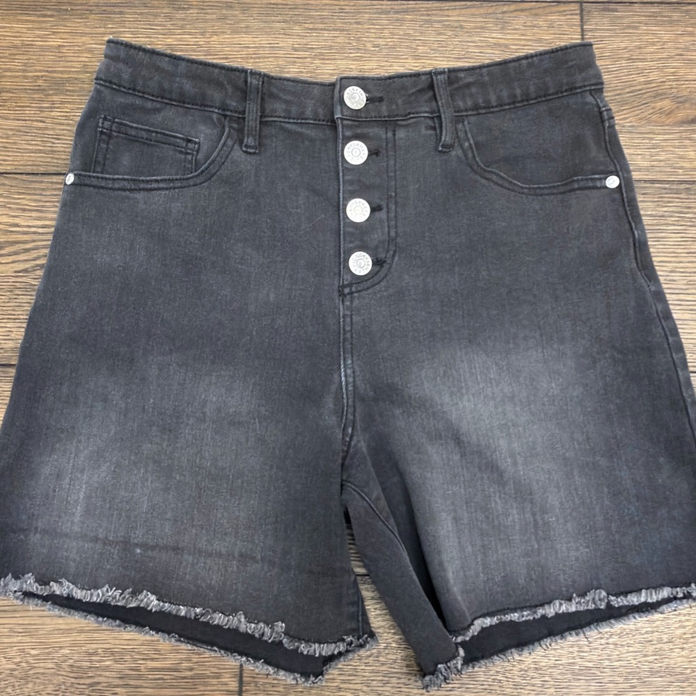 Epic Threads Girls 16 Black Denim Midi Short Button Fly Raw Hem Adjustable Waist